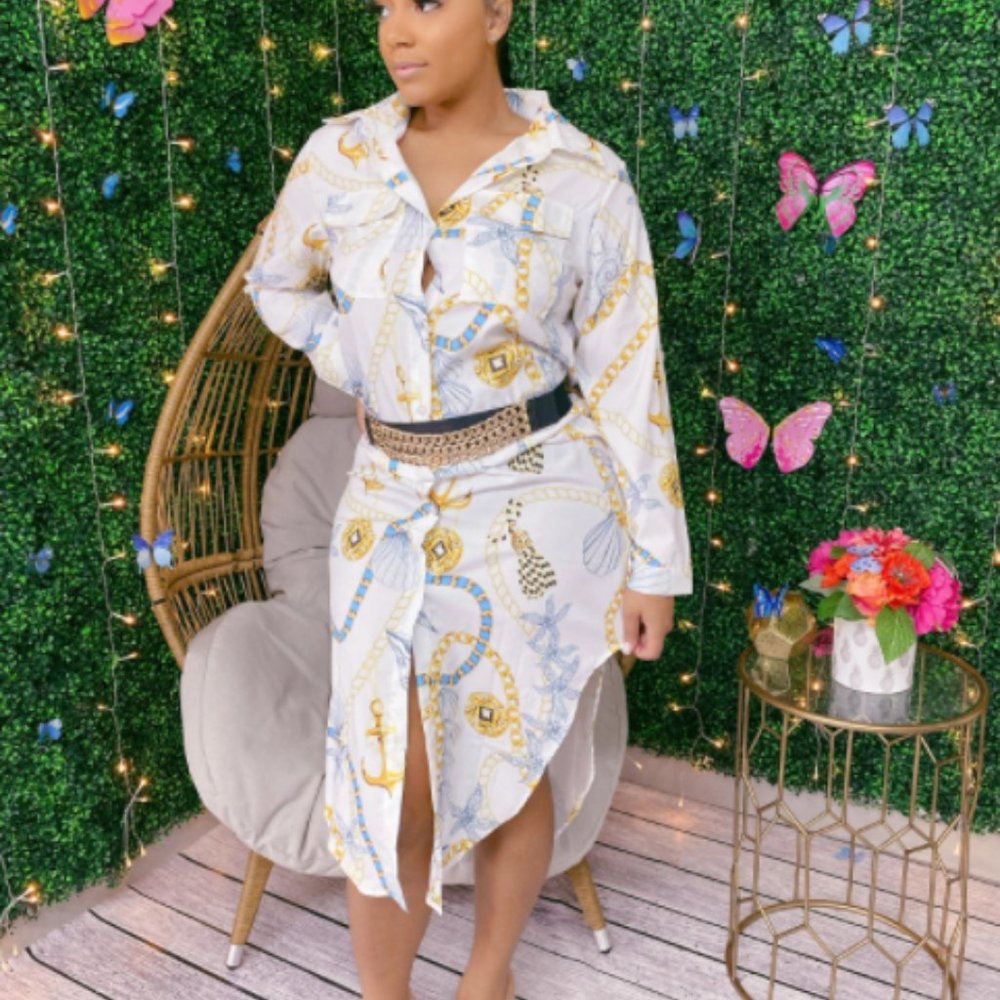 Print Collar Long Sleeve Nautical Shirt Dress - Belt Sold Separately